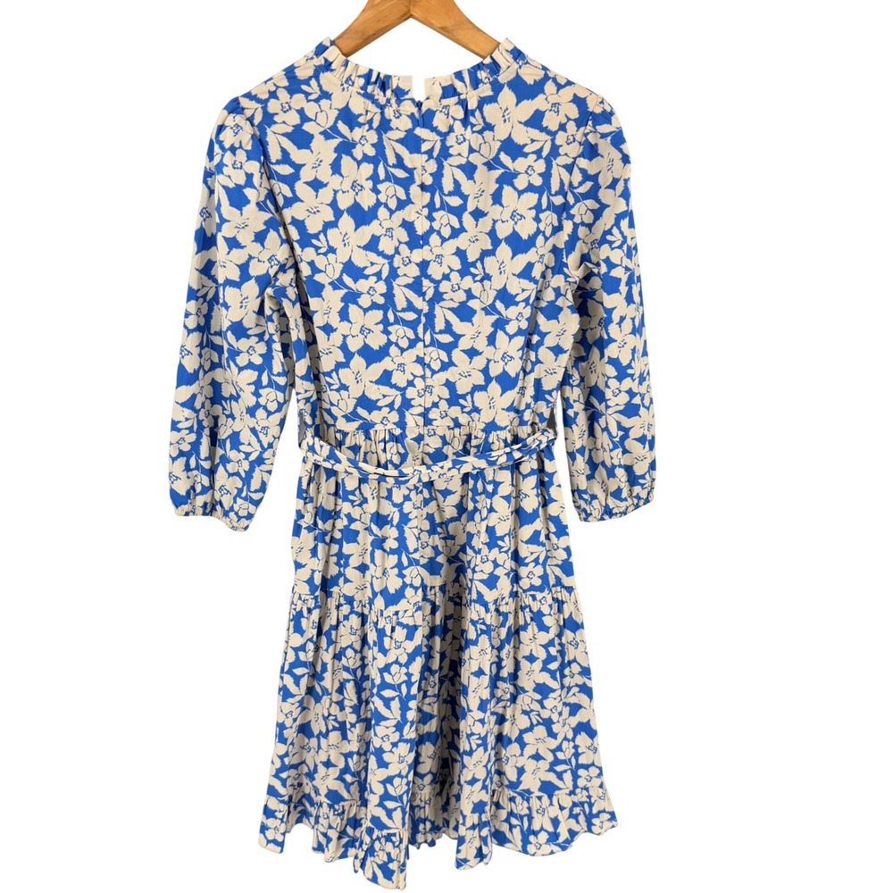 Shoshanna Floral Midi Dress Belted Ruffle‎ Hem Split Neck Blue Ivory Size 4 - Picture 3 of 8
